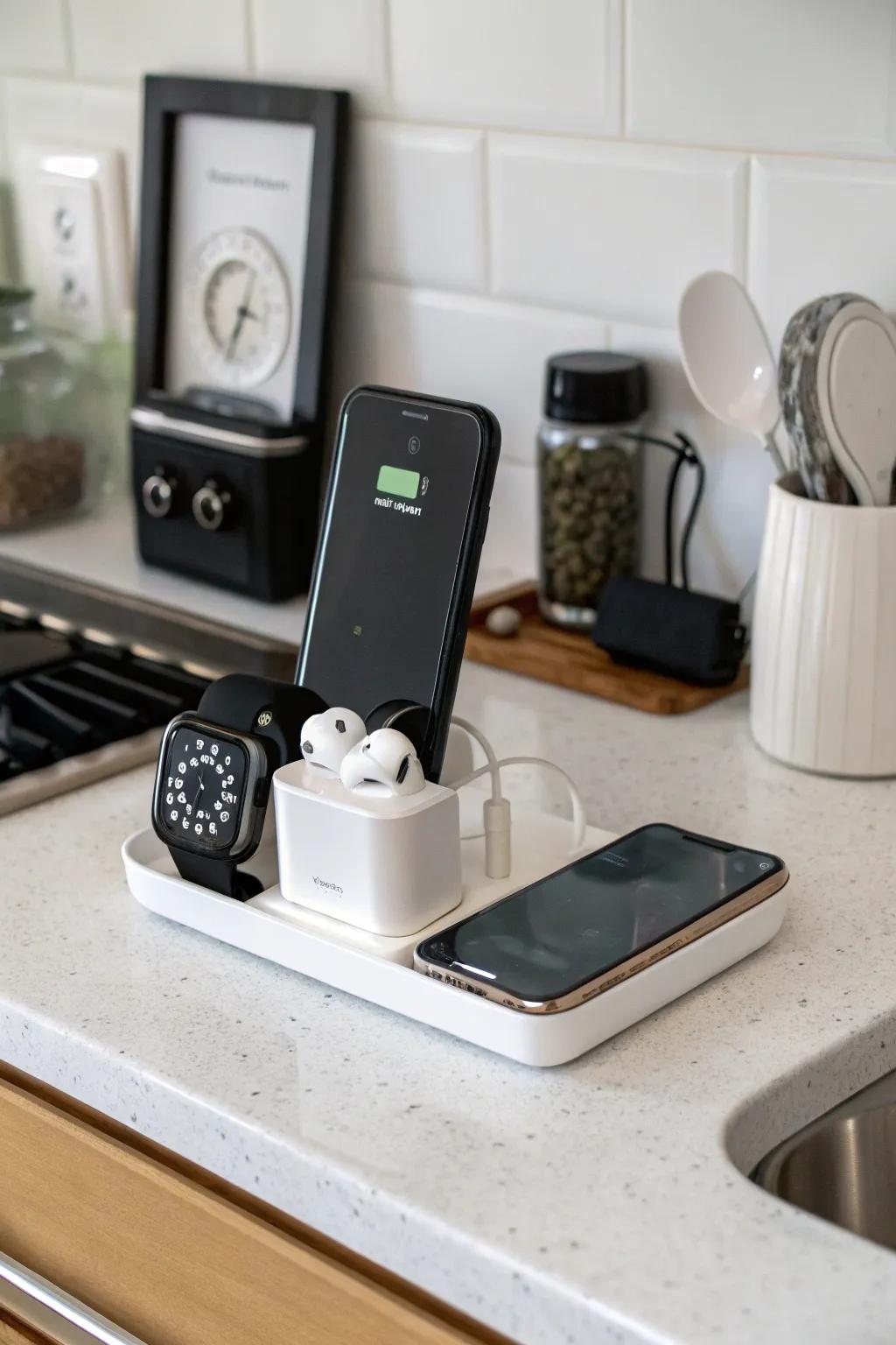 A tech-ready counter keeps devices accessible and organized.