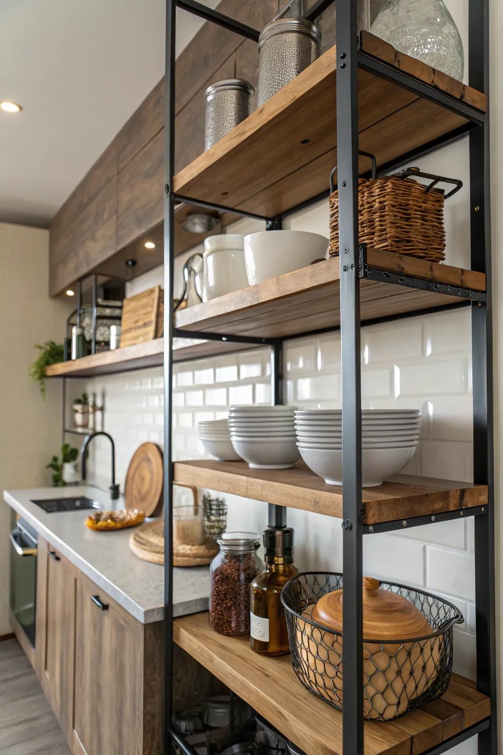 Blending surfaces and materials can elevate the visual appeal of kitchen racks.
