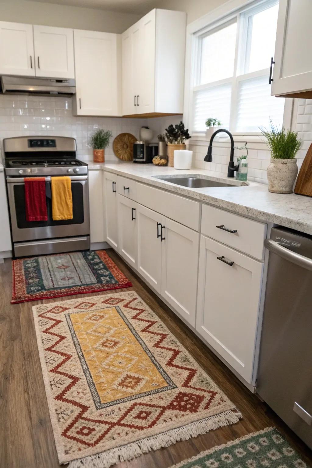 Strategically placed rugs improve comfort and practicality in the kitchen.