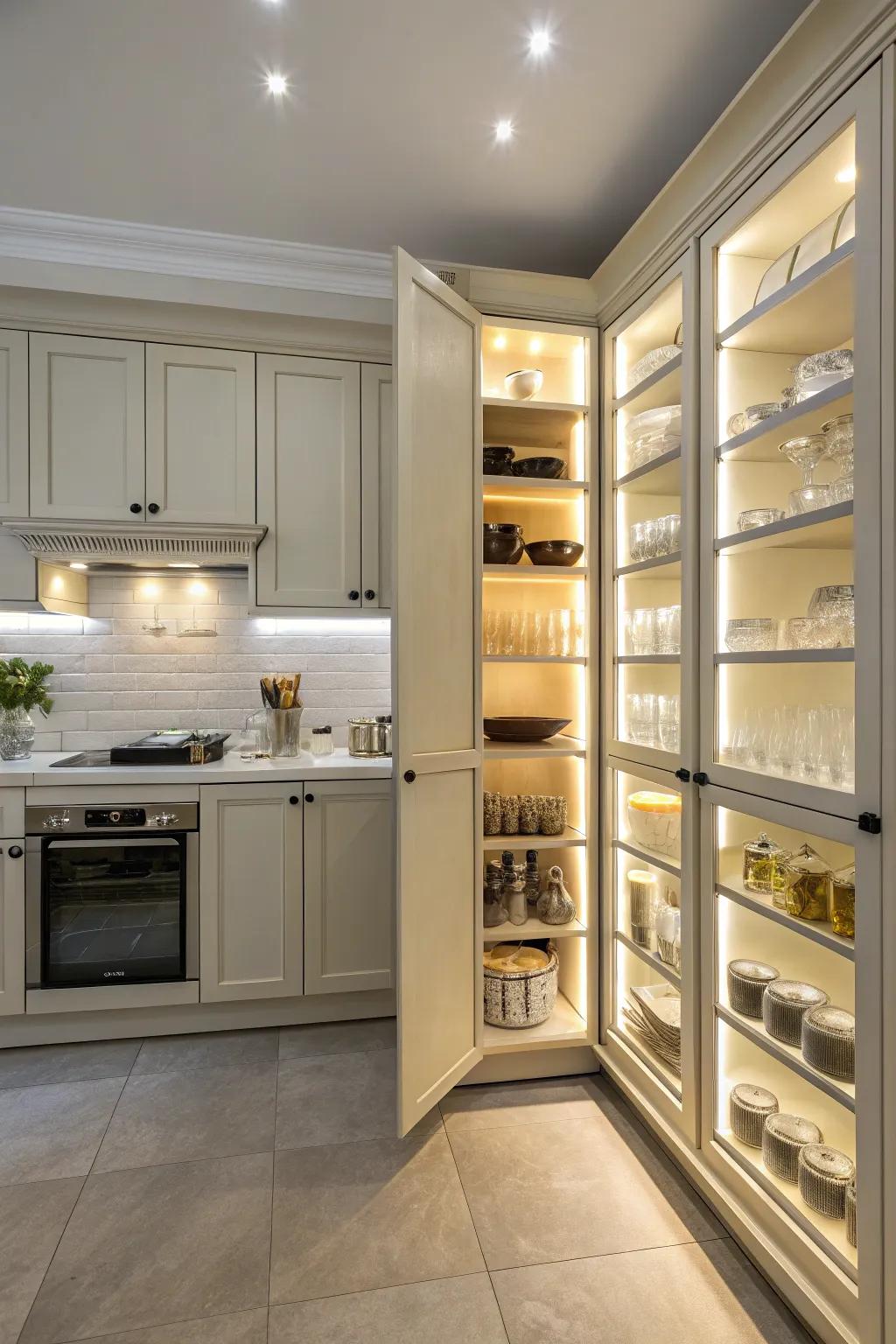 Find what you need easily with lights inside the cabinets.