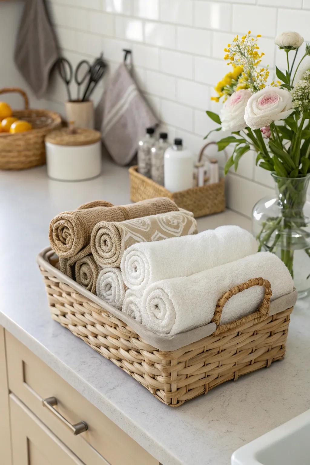 Keep linens organized and stylish using a container display.