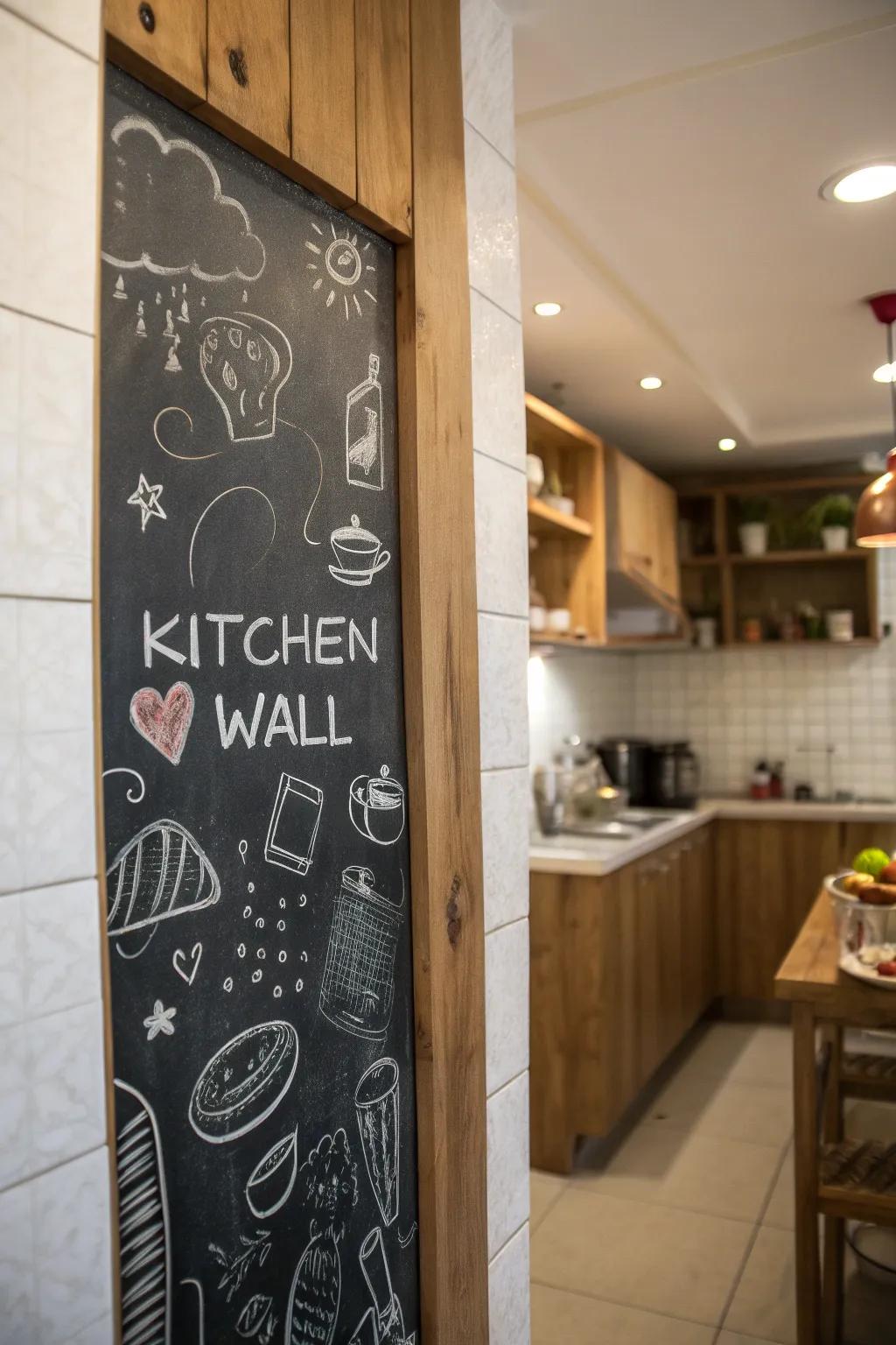 A kitchen with a chalkboard surface, offering a creative and personal touch.