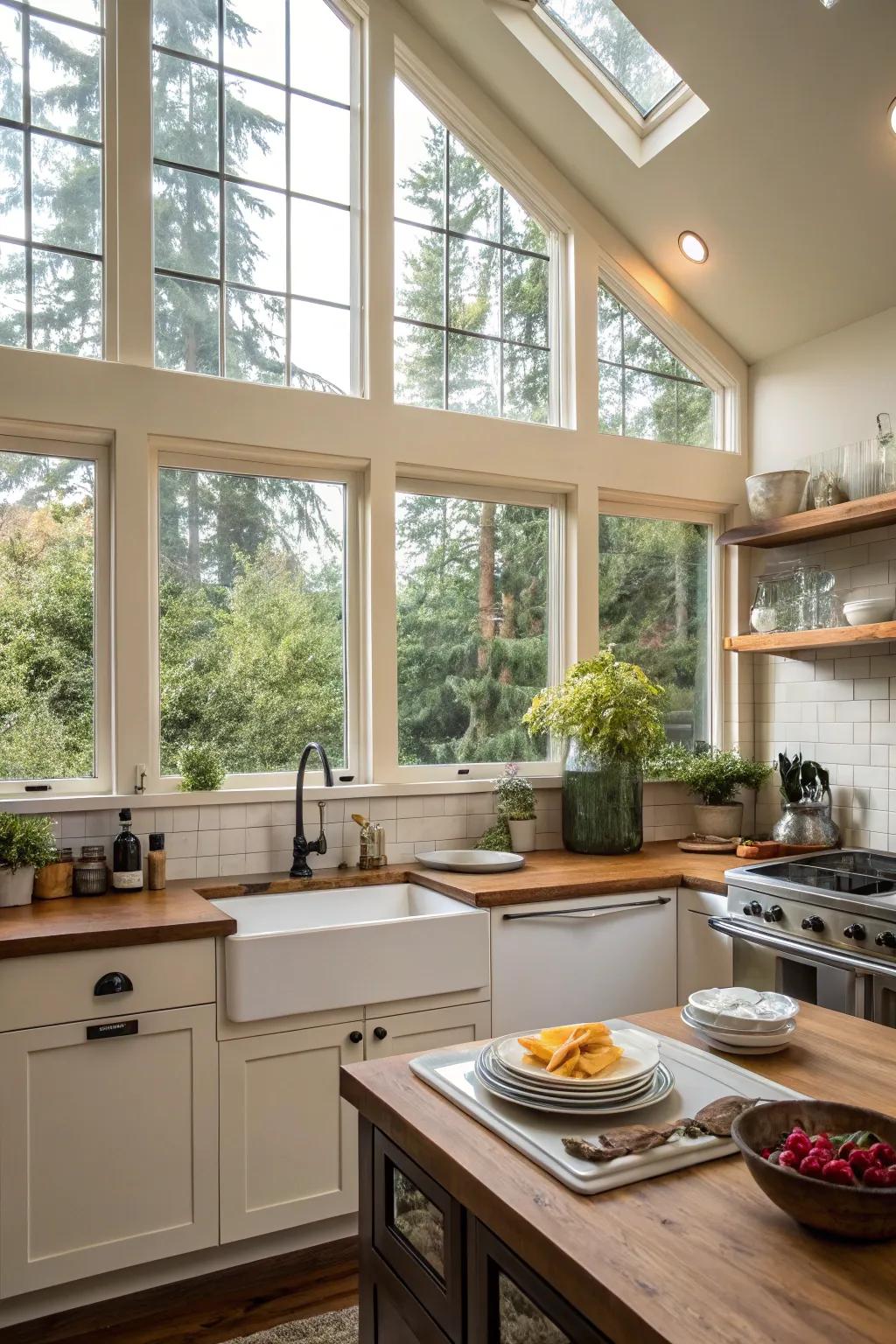 High-level windows fill a kitchen with sunlight.