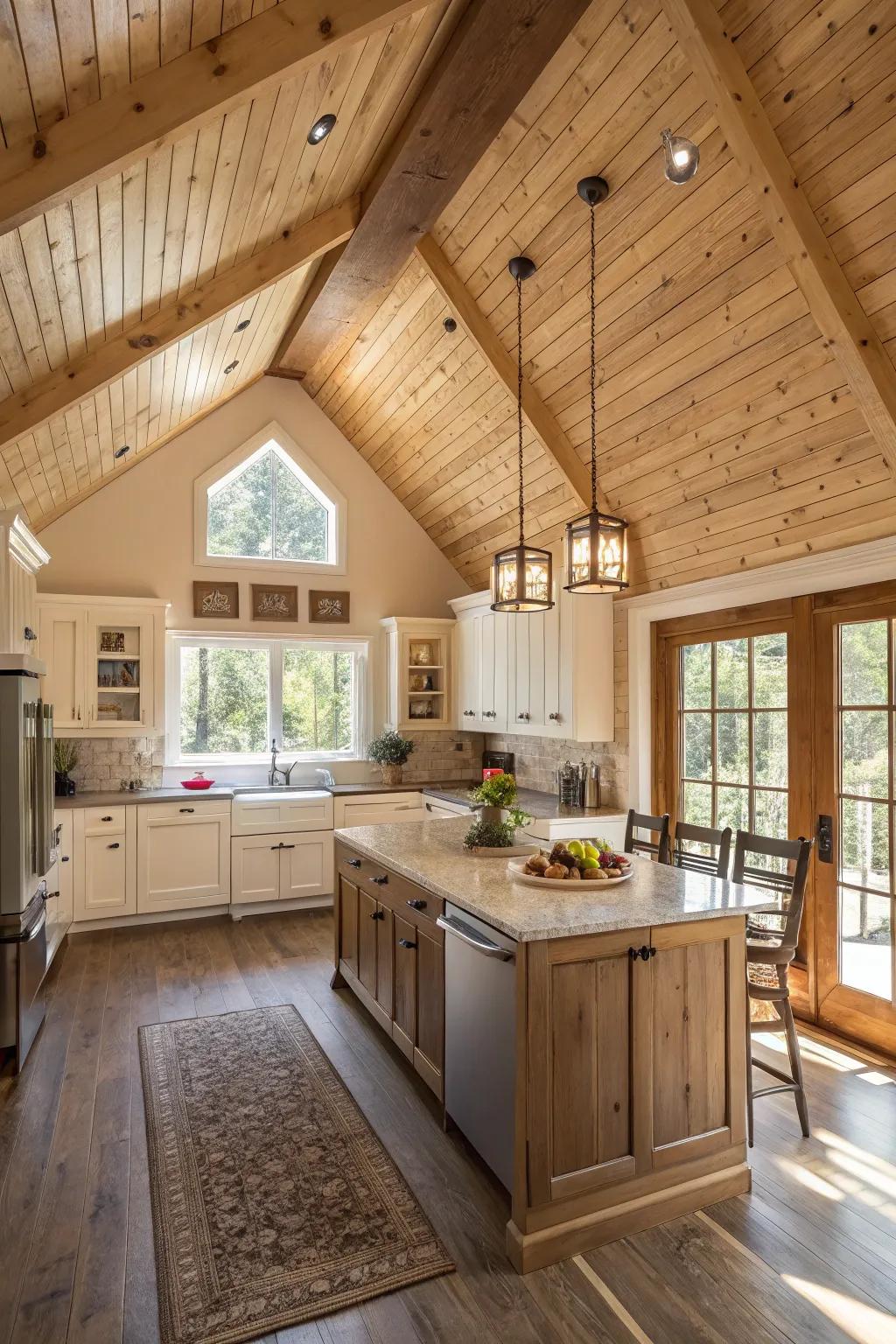 Textured wood ceilings bring extra depth to this welcoming kitchen.