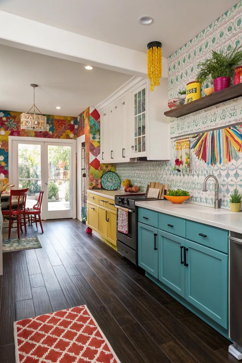 A splash of color brings vibrancy to this kitchen with dark floors.