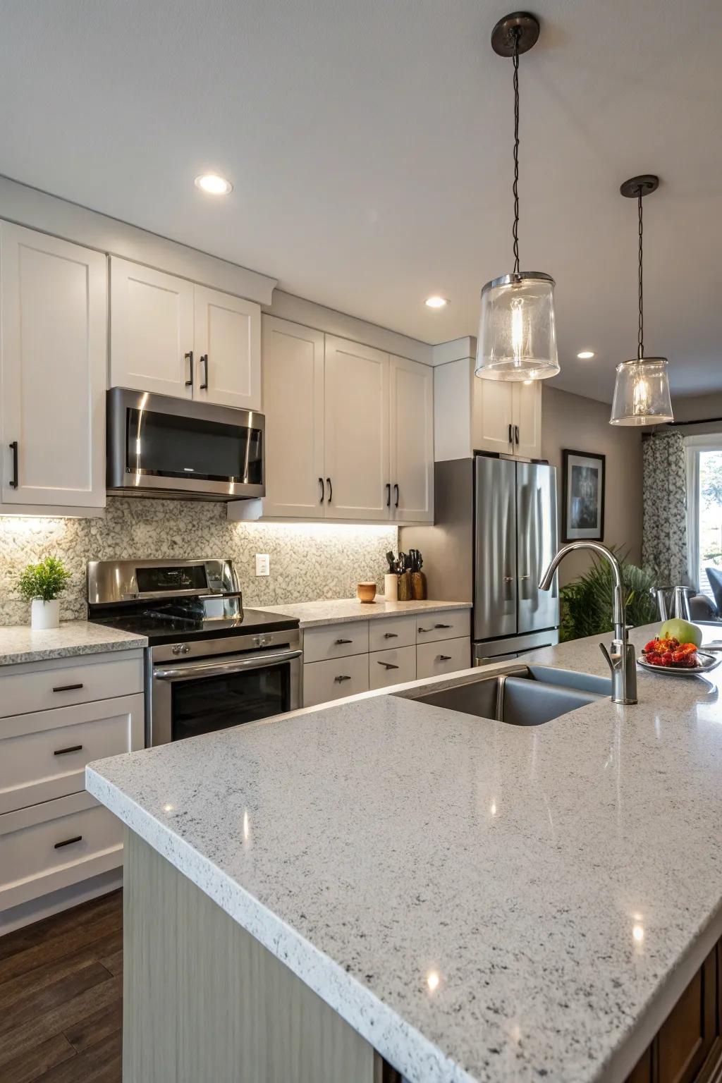 Textured quartz surfaces injecting depth into the kitchen.