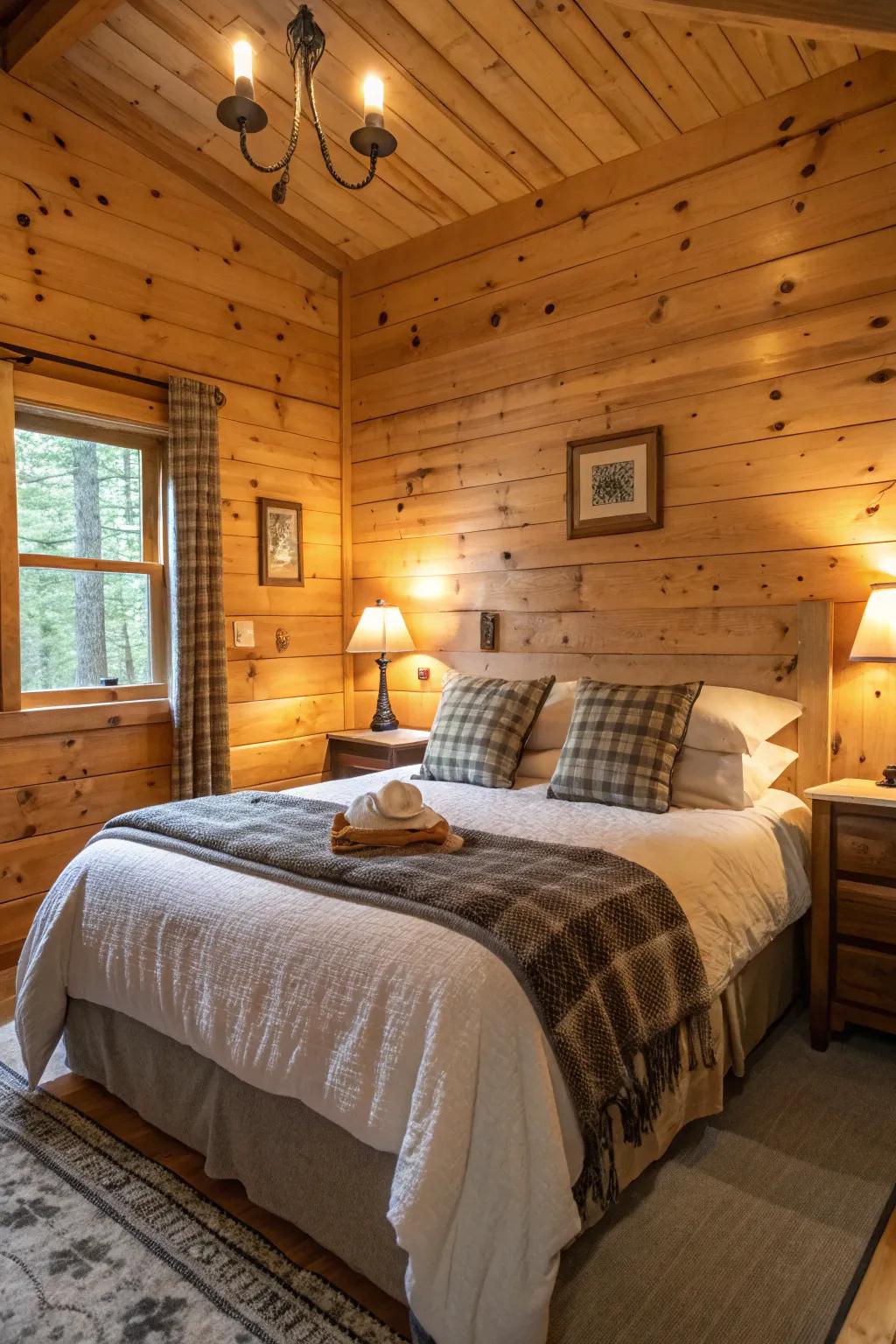 A cozy cabin bedroom with plush bedding and pine paneling.