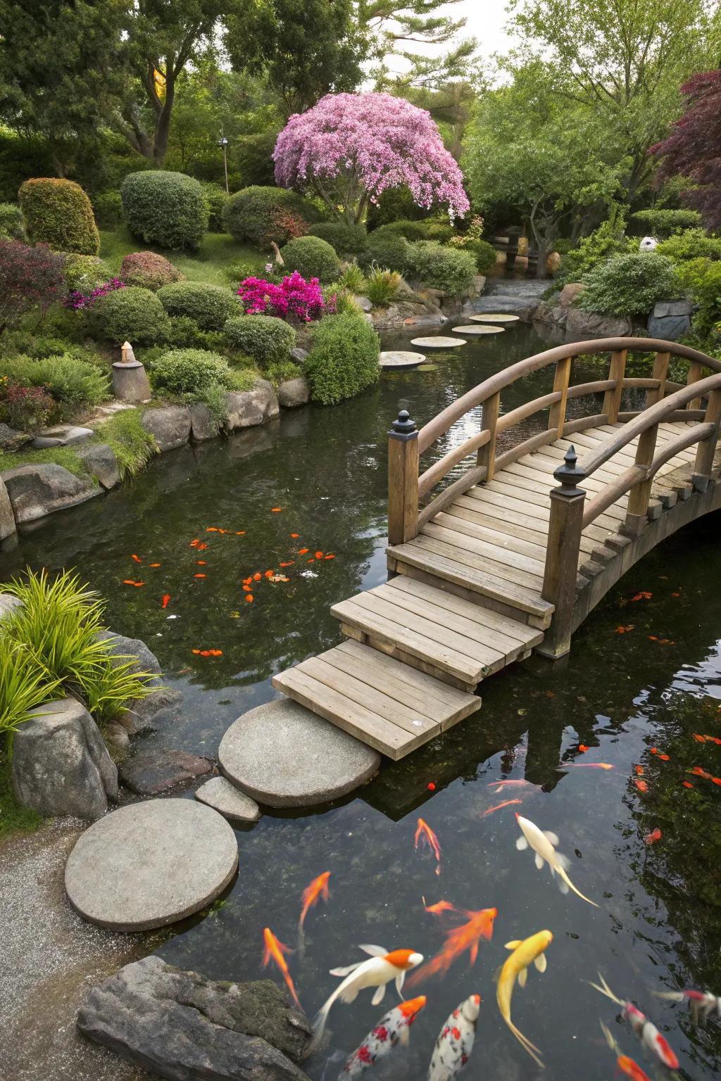 Bridges and walkways invite exploration around the pond.