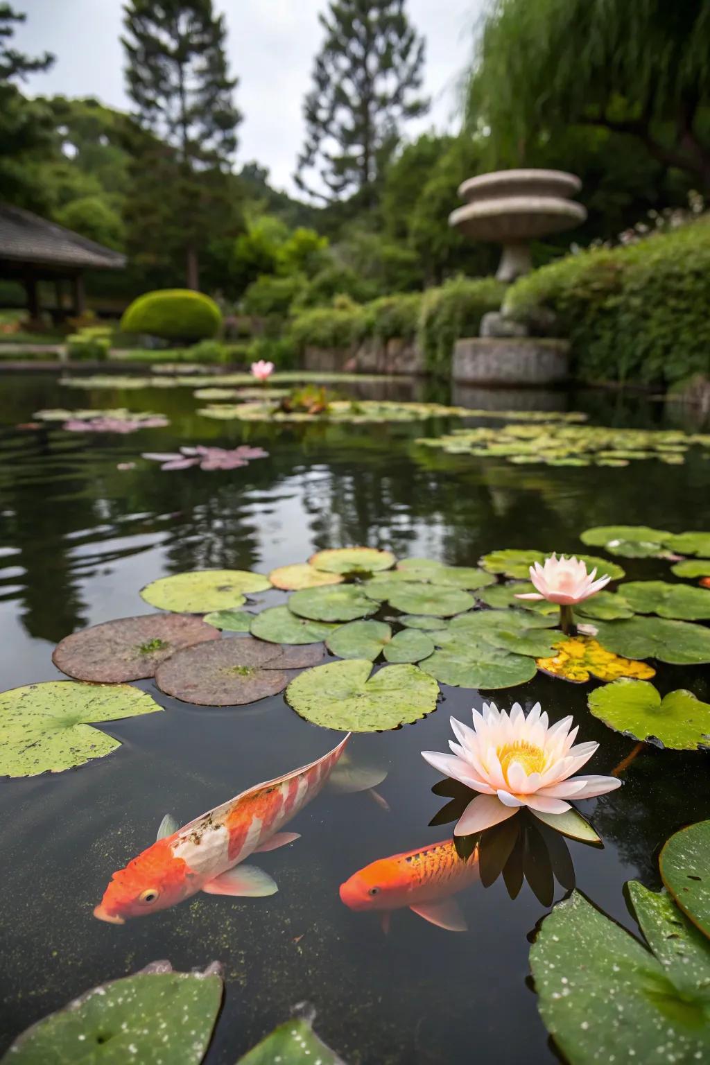 A koi pond featuring water lilies providing a natural sunblock.