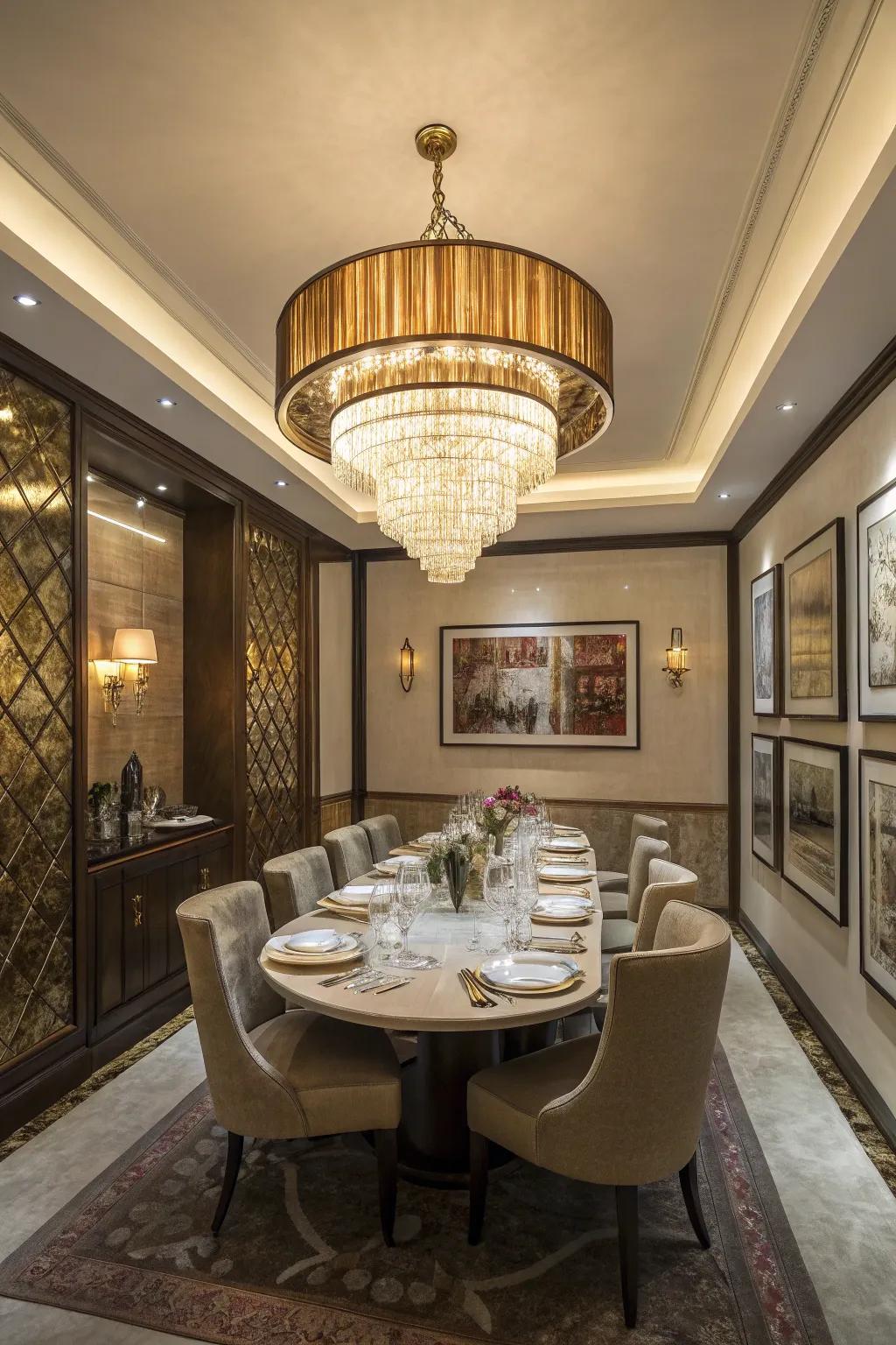 A statement light fixture adds elegance to the dining room.