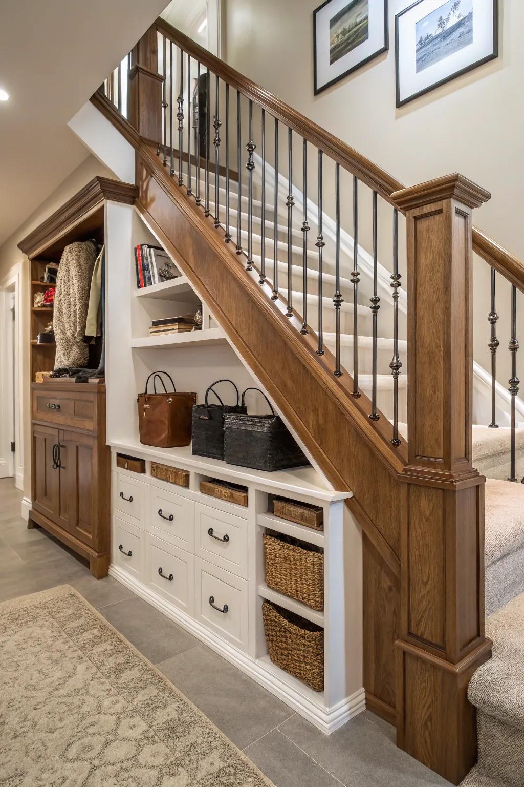 Banister that has integrated storage for maximizing space.