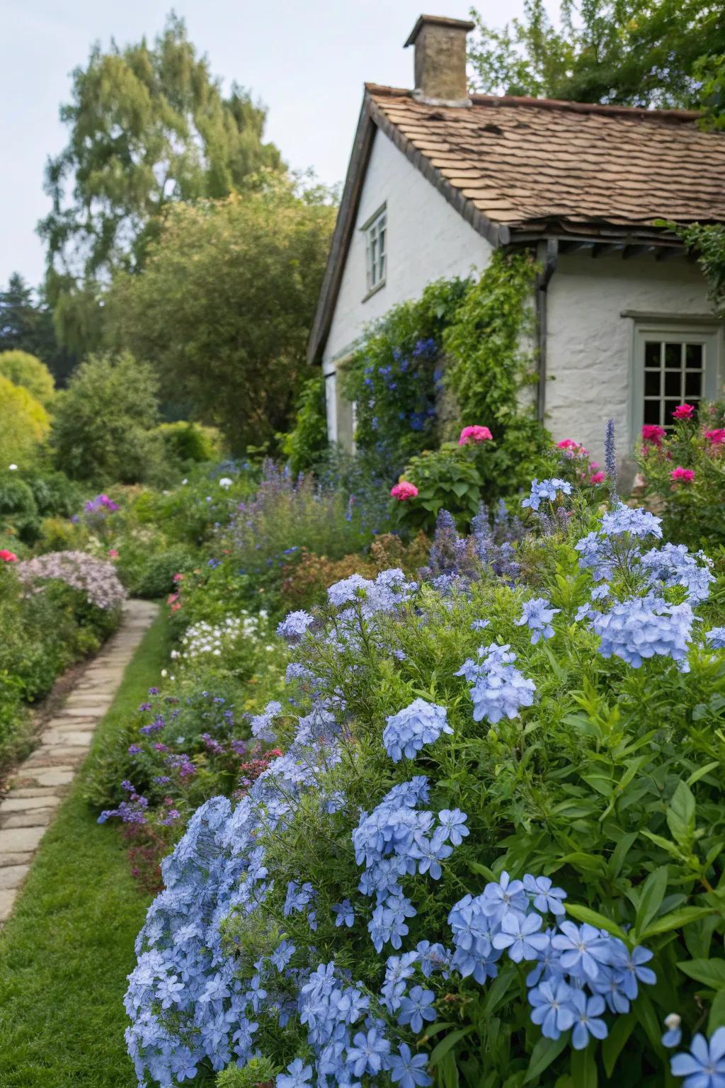A captivating country garden showcasing azure glorybush blossoms.