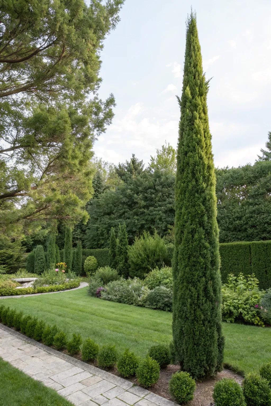 Tall evergreens elevate your garden with vertical elegance.