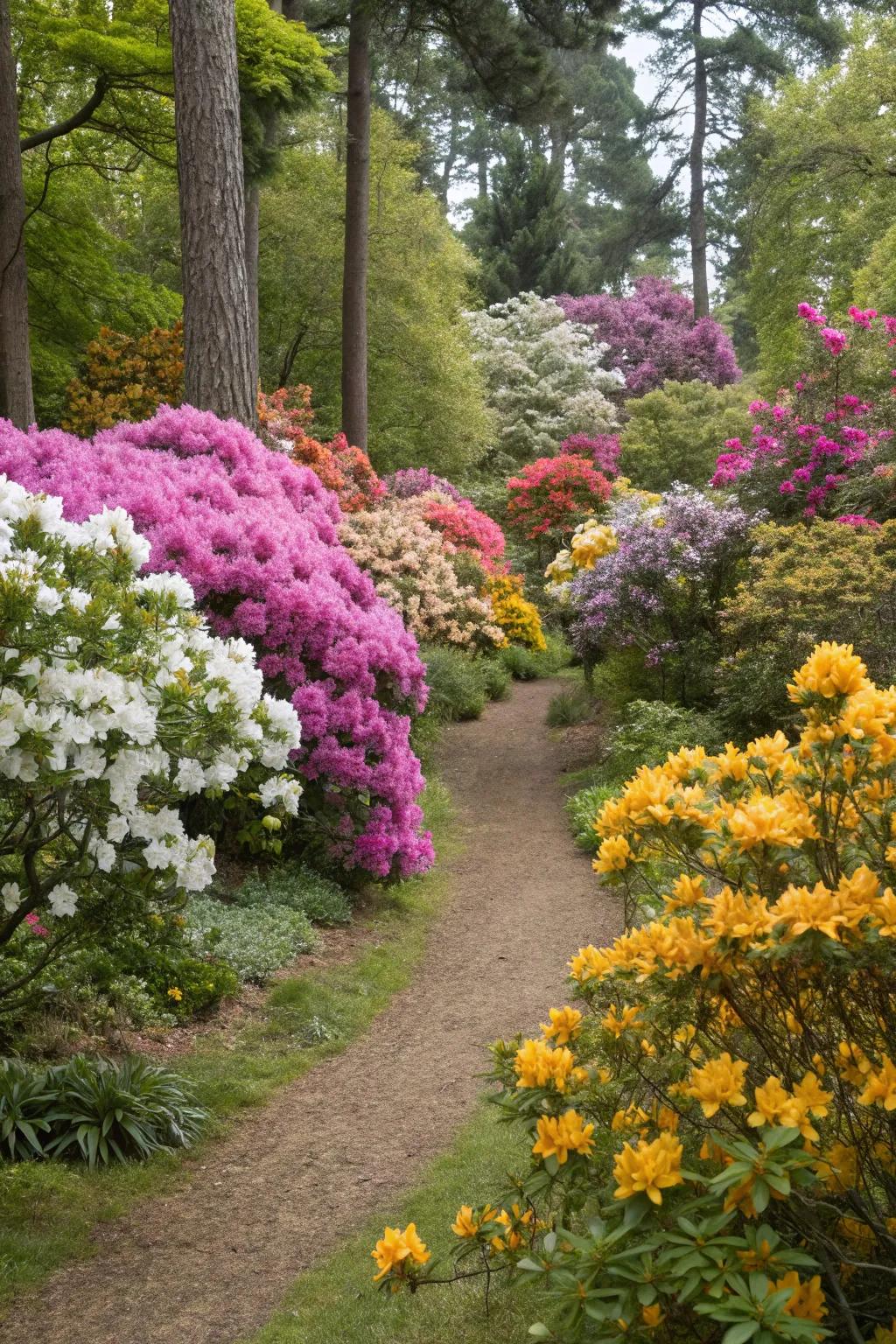 A garden showcasing rhododendrons enhanced with seasonal flowering plants.