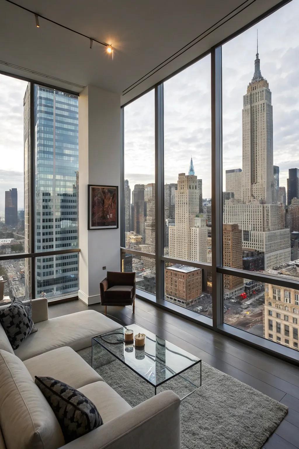 Angle windows providing a sweeping cityscape panorama.