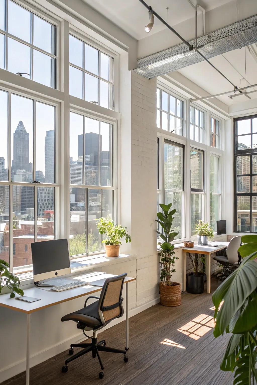 A mix of picture and casement windows creating a fashionable and functional office.