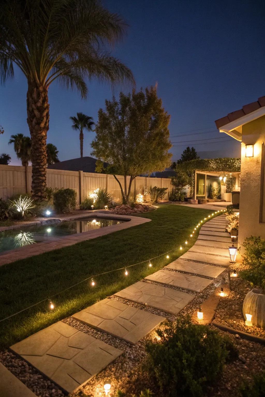 Atmospheric outdoor lighting in a Las Vegas backyard at night.