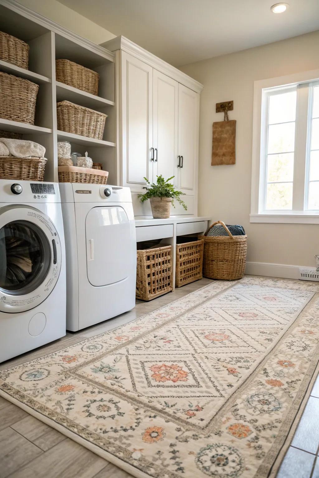A soft rug adds warmth and comfort to your laundry area.