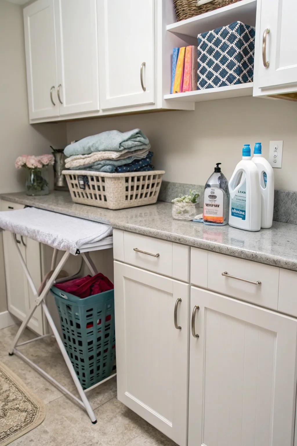 A folding station enhances the convenience of your laundry routine.