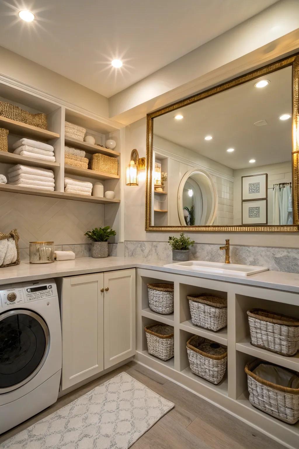 Matching decor aspects enhance the lighting in your laundry area.