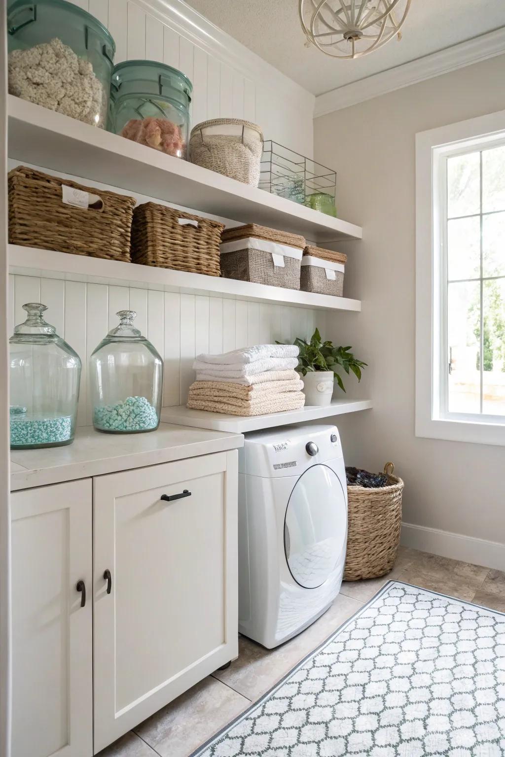 Fashionable storage options with floating shelves.