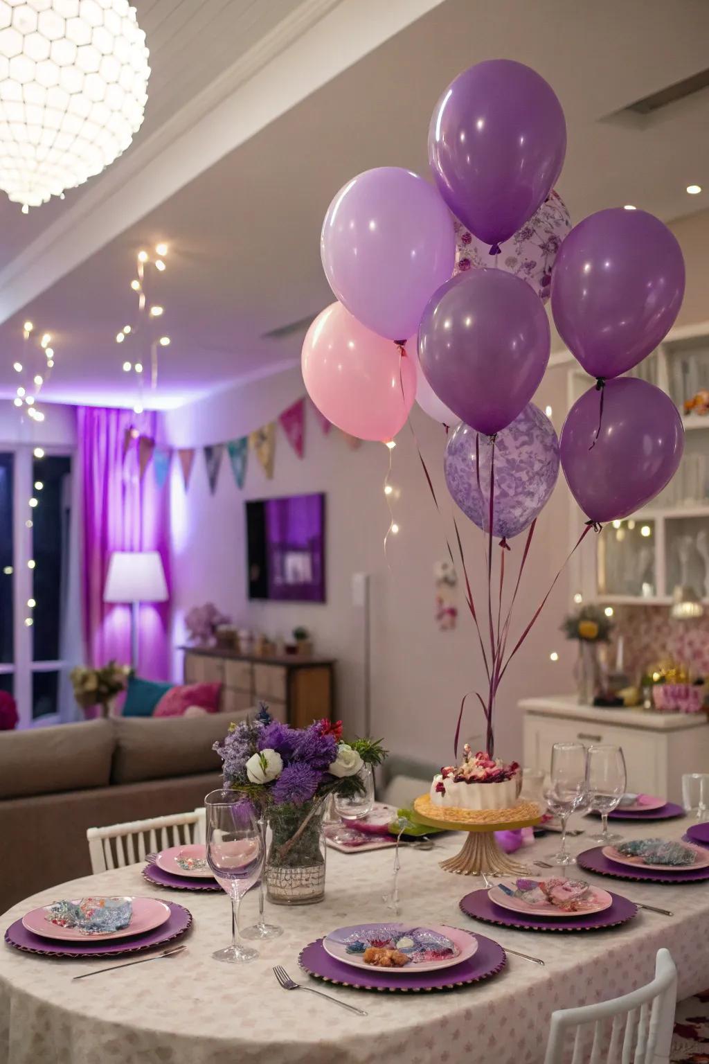 A celebratory event setting adorned with violet balloons and table decorations.