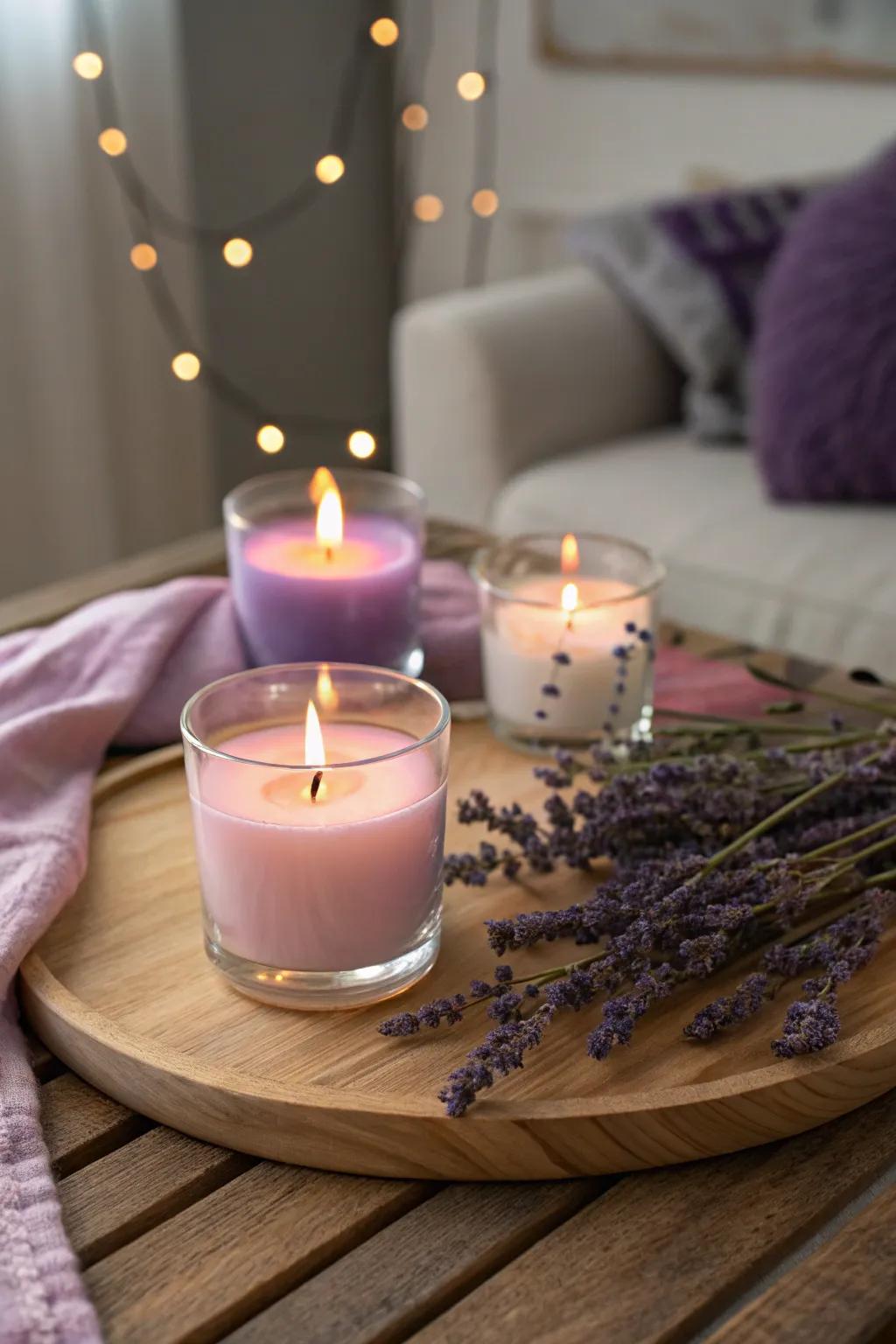 Relaxing ambiance with lavender-scented lights.