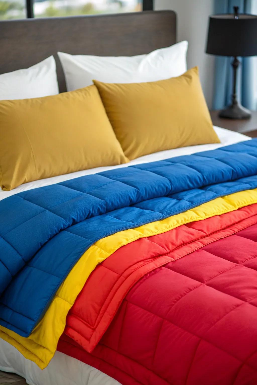 Contrasting colors bring visual interest to the layered bedding.