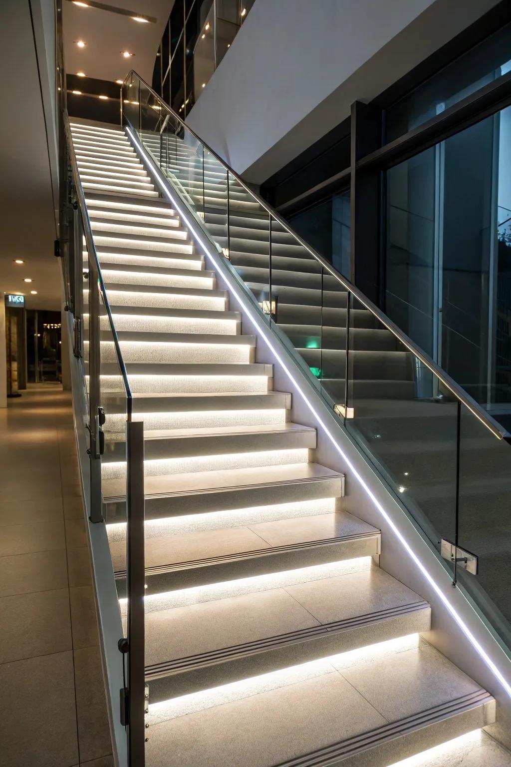 Staircase flair and safety with LED strip lighting.