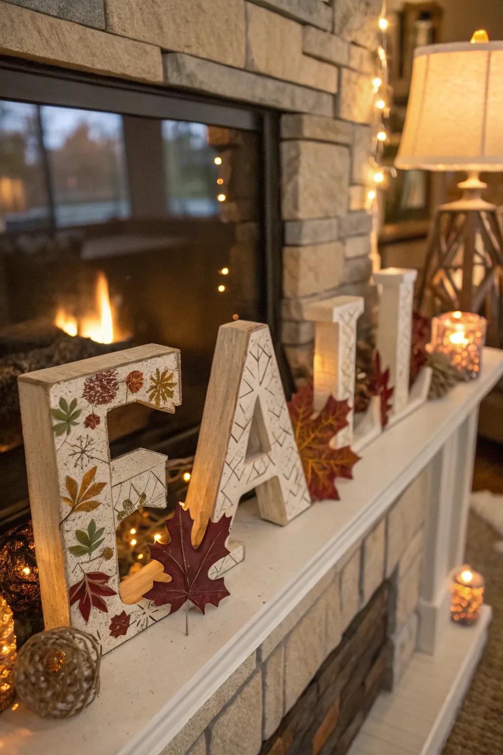 Seasonal letters contributing festive charm to a mantel.