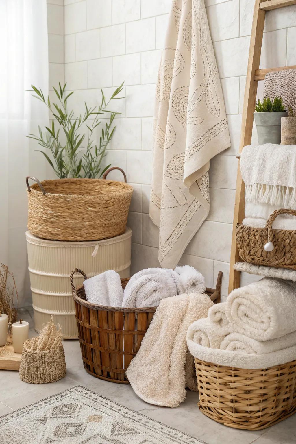Details add coziness and warmth to a bright and breezy bathroom.