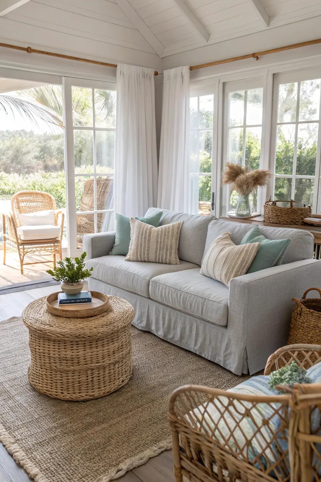 Coastal elements bring a relaxing beach vibe to a pale stone sofa.