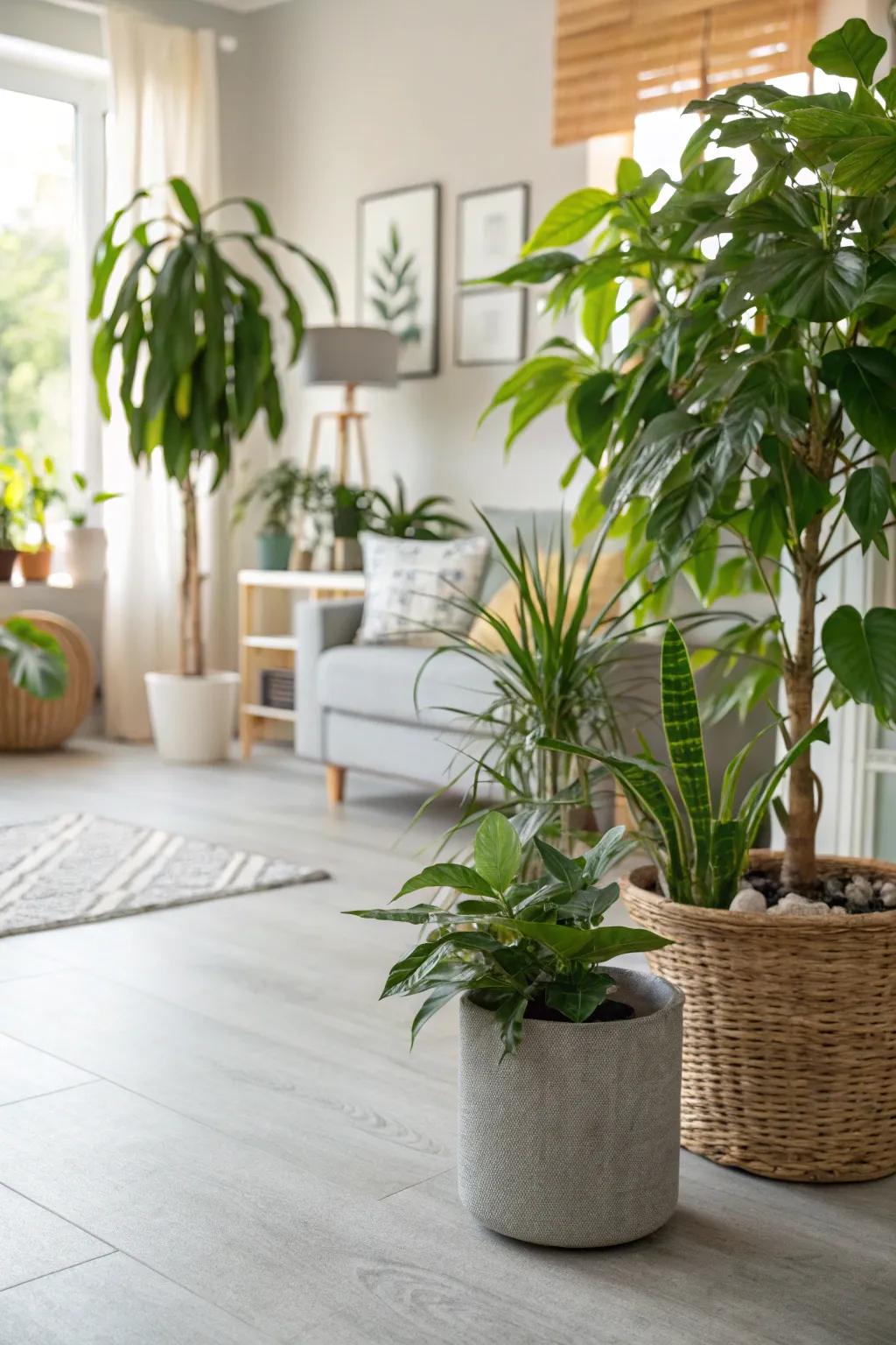 A refreshing living area with light grey flooring and vibrant plants.
