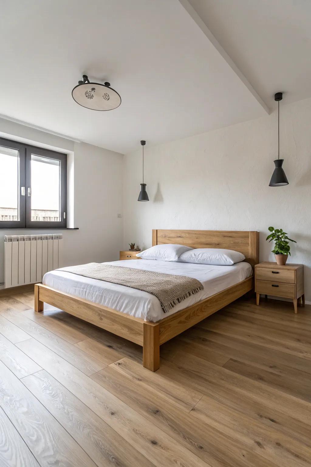Minimalist decor highlighting the spaciousness of a sleeping quarter with pale timber floors.