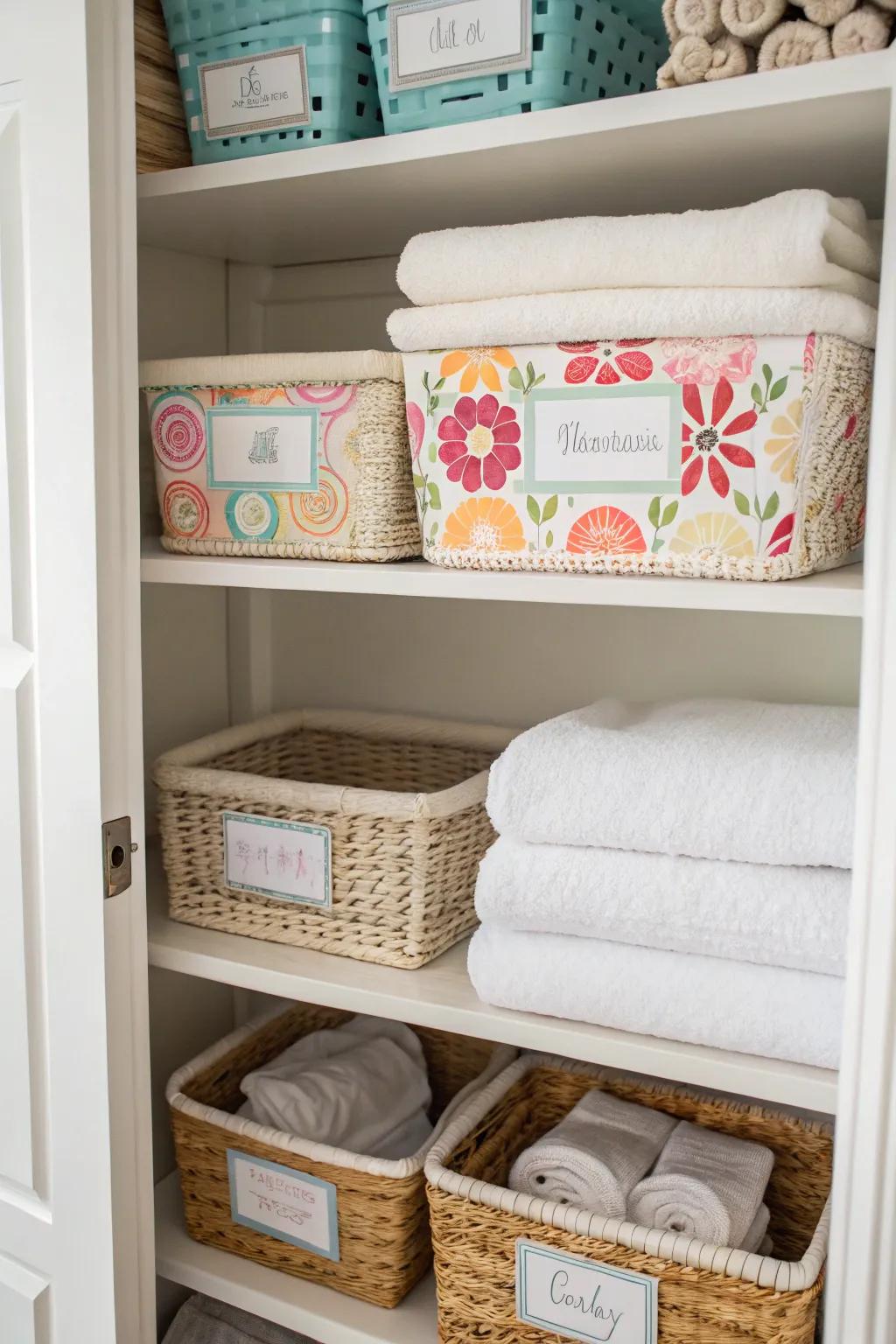 Ornamental stickers help maintain organization in a linen closet.