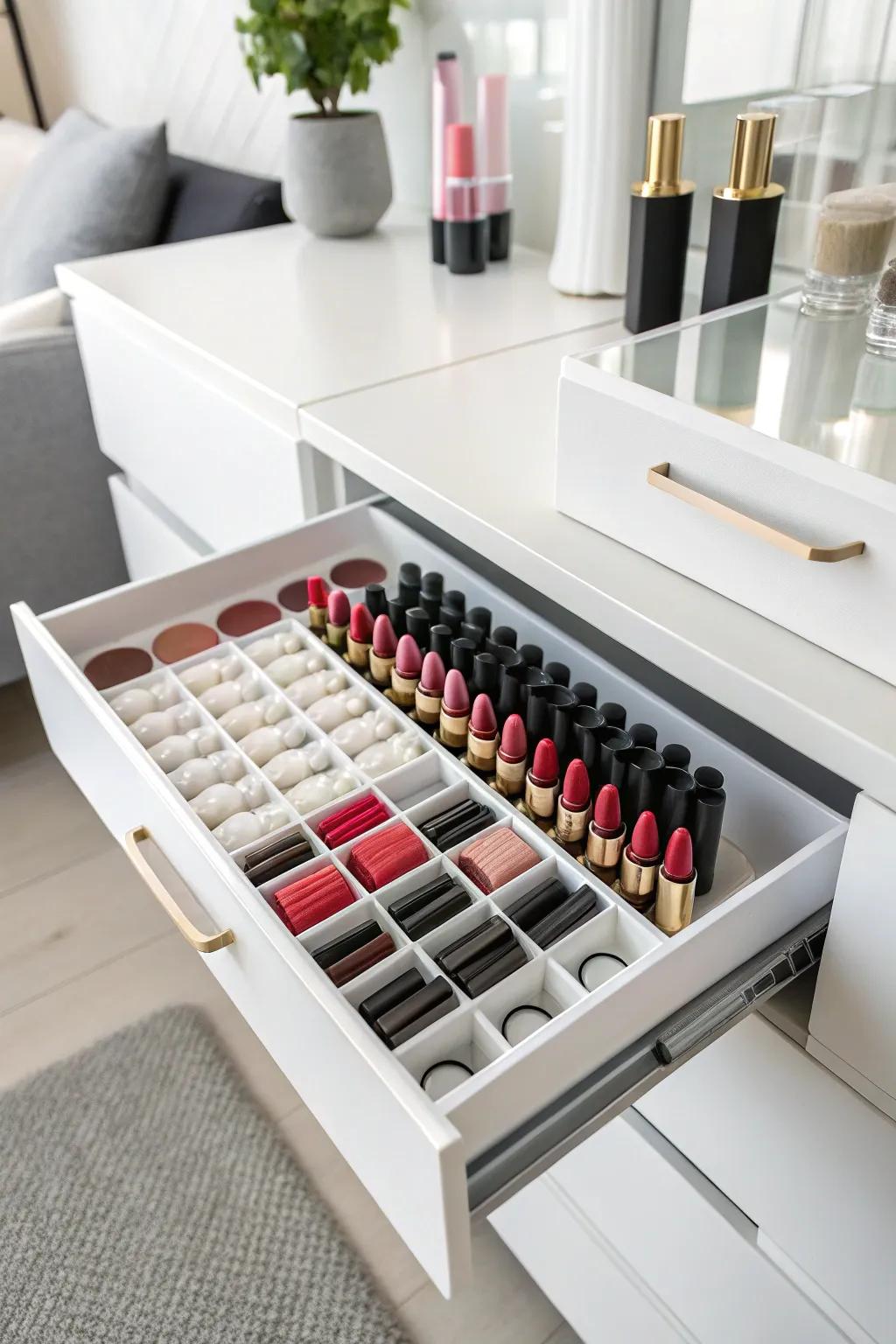 Innovative and functional, ice cube trays organize lipsticks.