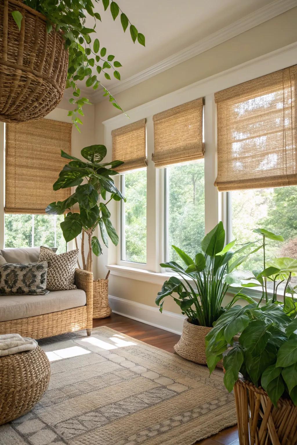 Woven window treatments give a natural feel.