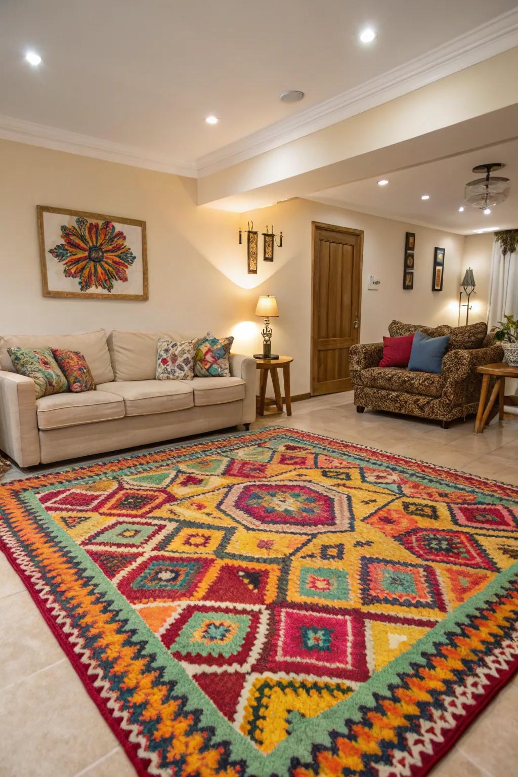 Colorful rugs can anchor and unite your living room design.