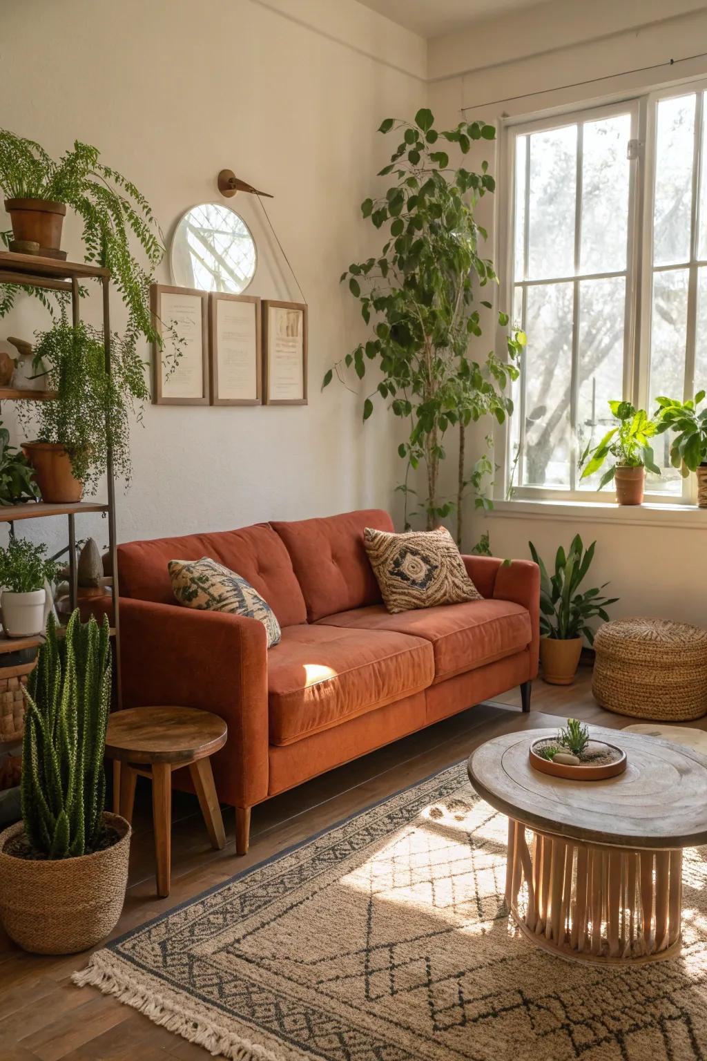 An earth-toned sofa establishing a cozy vibe.