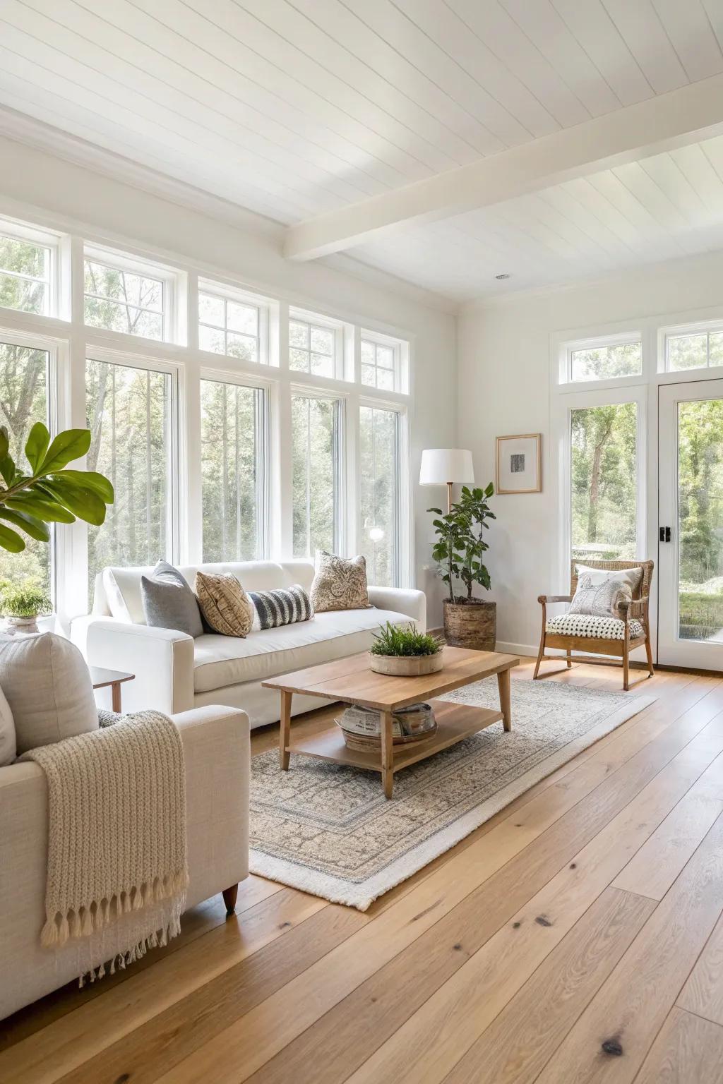 Pale wood floors foster an open and airy atmosphere, enhancing natural light.