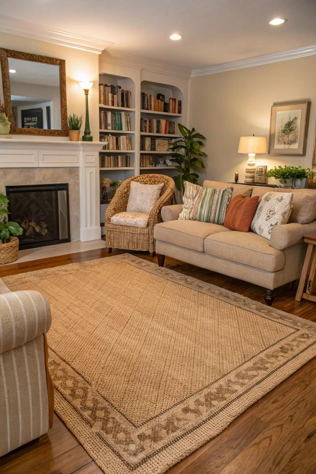 A floor covering defines a cozy seating area.