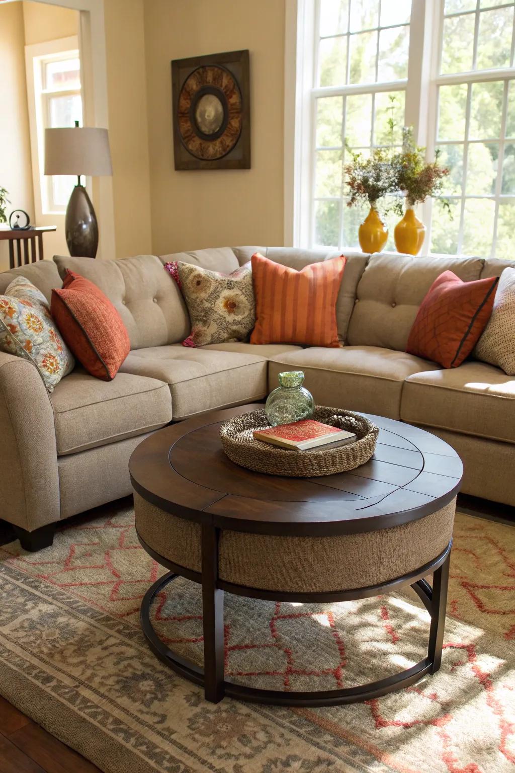A round center table complements the sectional's curves.