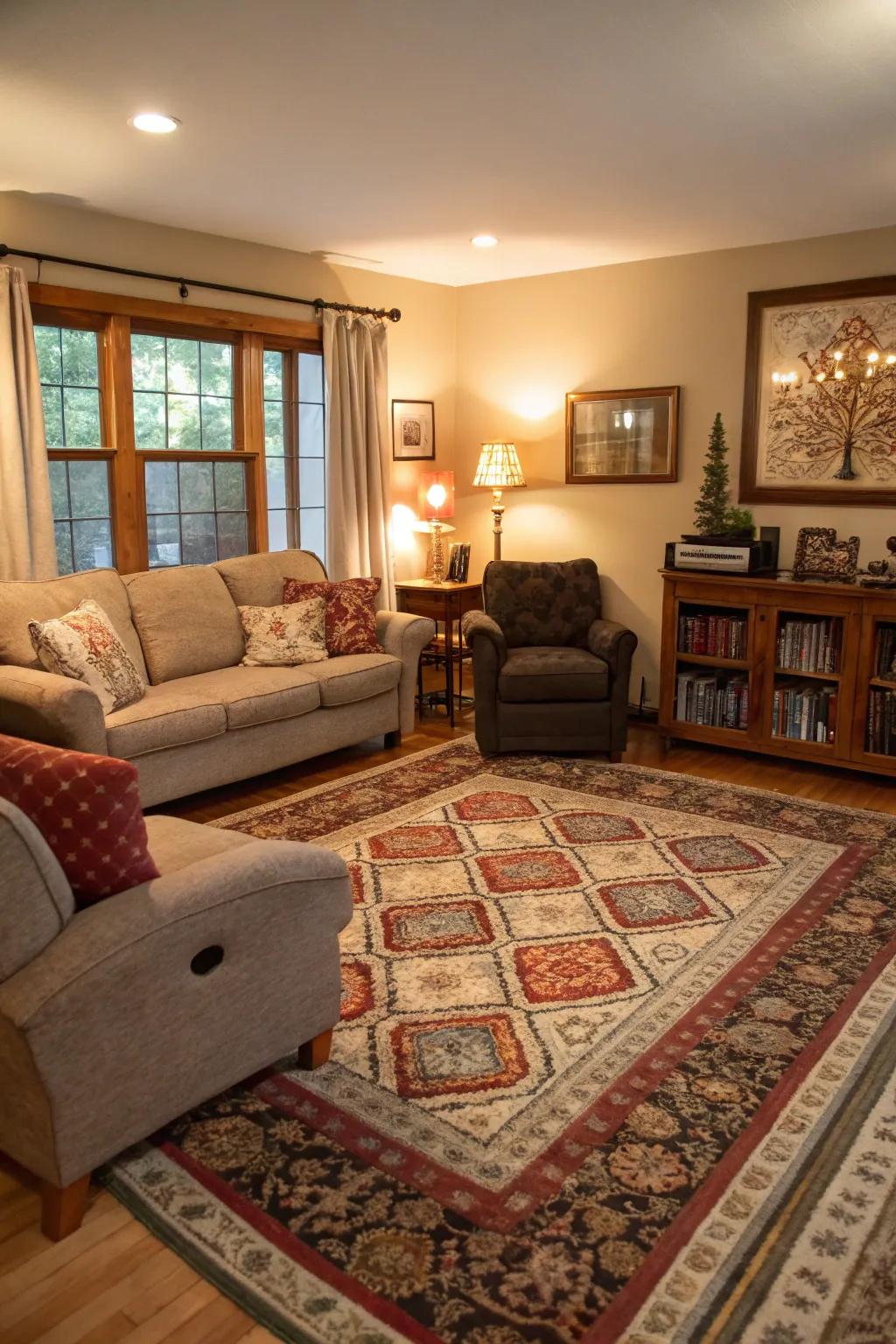A living room with clearly defined zones using stylish rugs.