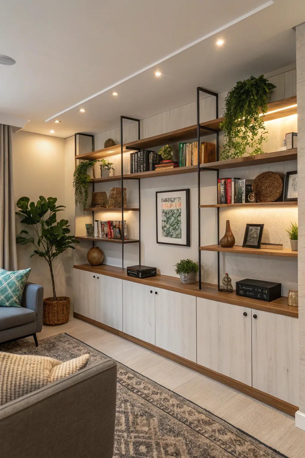 Balance beauty with function using integrated shelving as part of your wall panels.