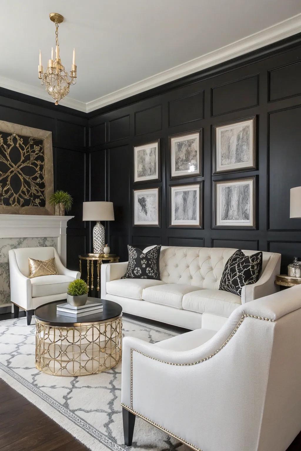 A dark feature wall adds sophistication and contrast.
