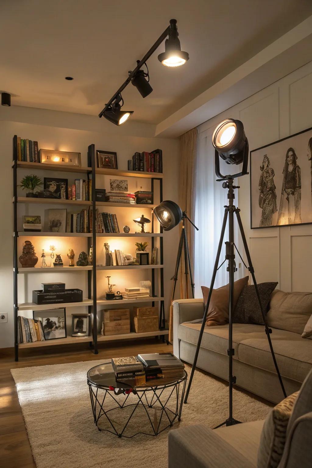 Spotlights evoke a chic gallery atmosphere.