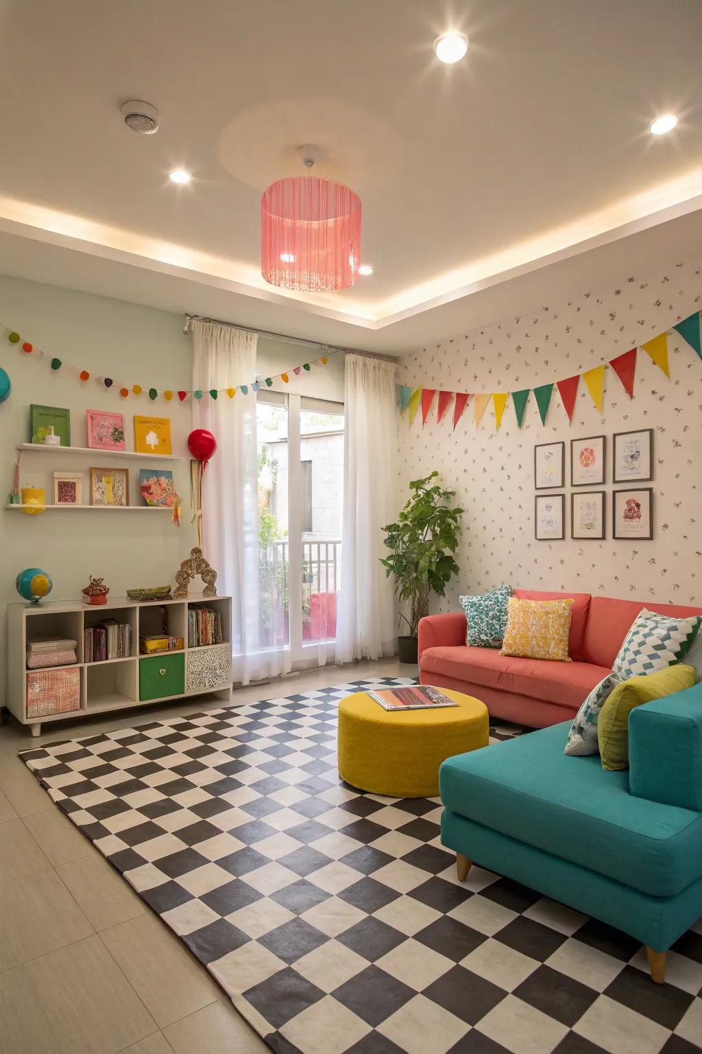 Playful living area featuring checkered patterned tiles.