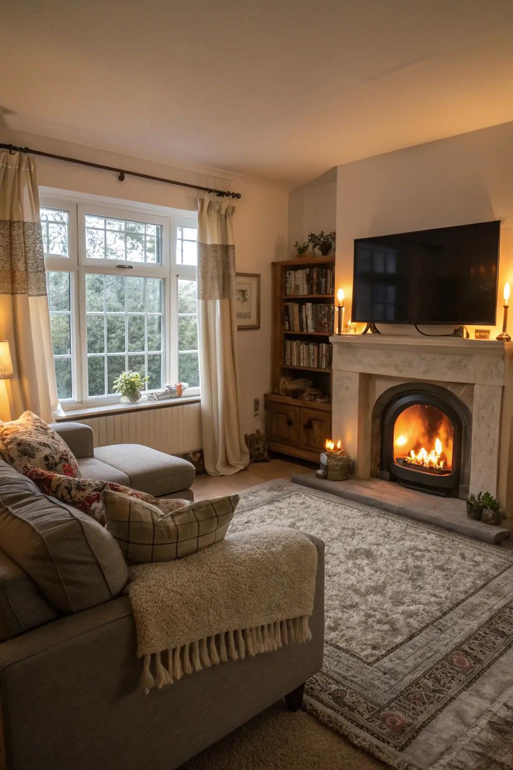 Comfortable textures and lighting create a warm atmosphere.