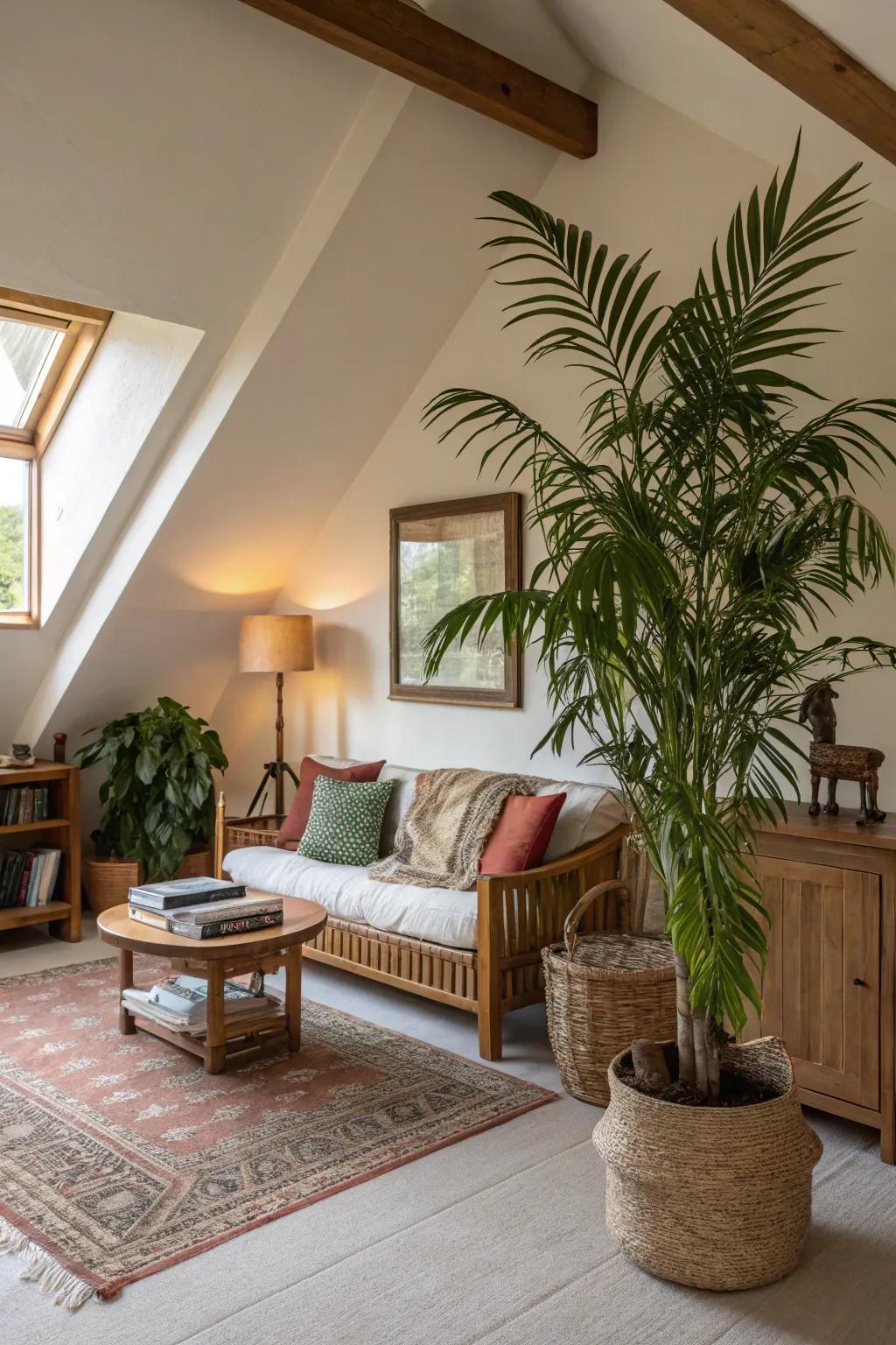 Indoor plants infuse life into a space with a high ceiling.