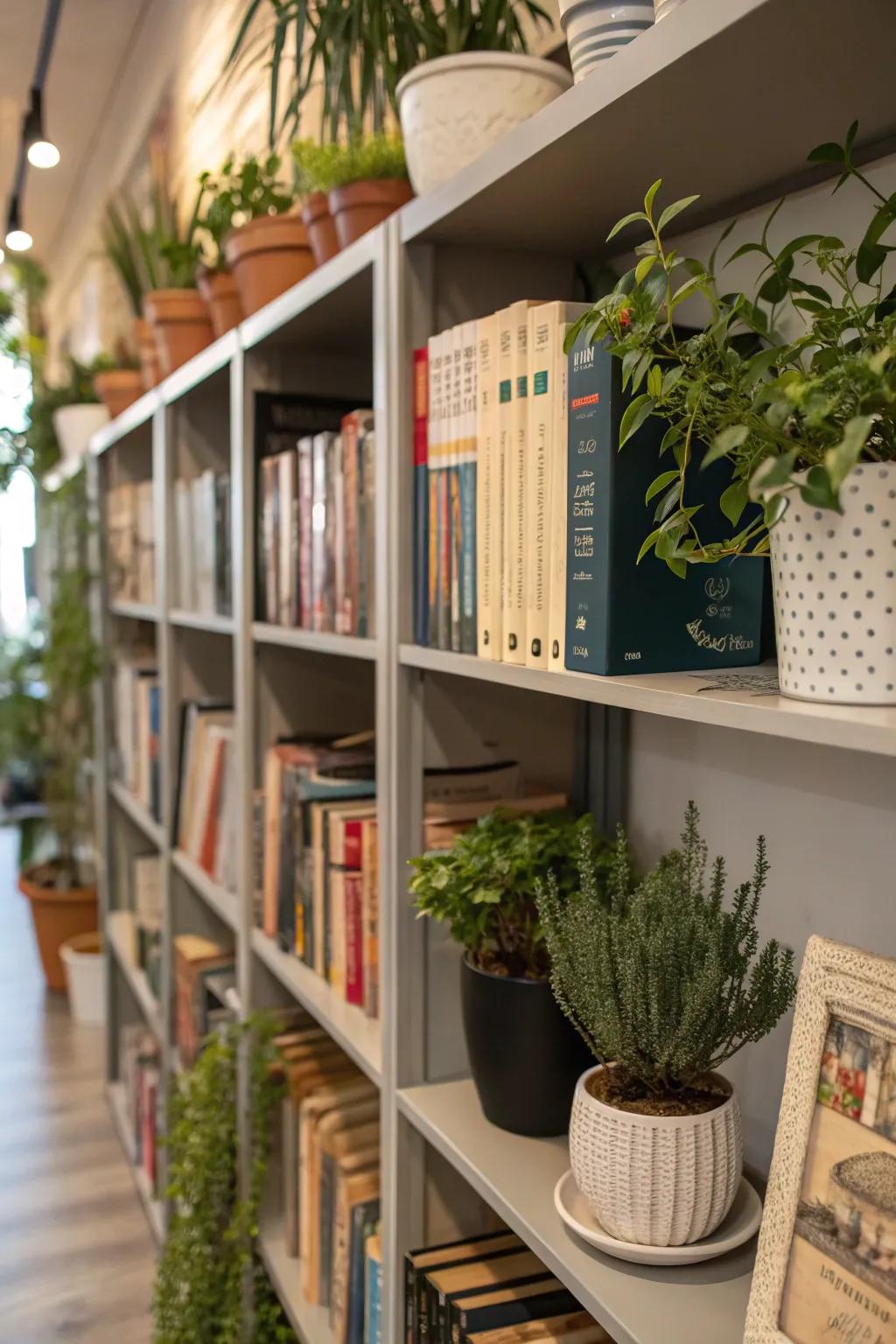 Greenery brings a fresh, revitalizing touch to your bookshelves.